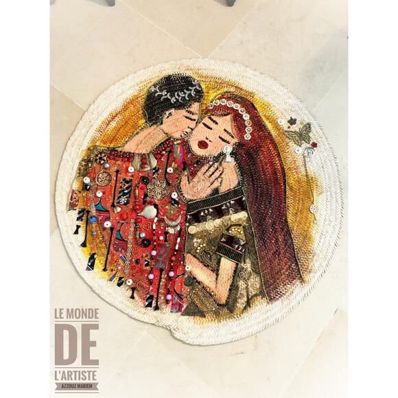 Handcrafted Mixed Media Wall Art - Romantic Couple Embroidery on Woven Base - Picture 2 of 2